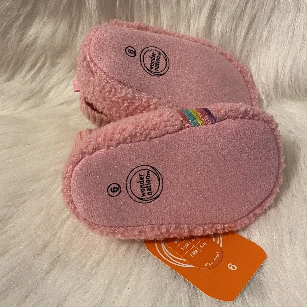 Wonder Nation Slippers Girls Size 6 Pink Fuzzy Rainbow Bootie Shoes 18 Months